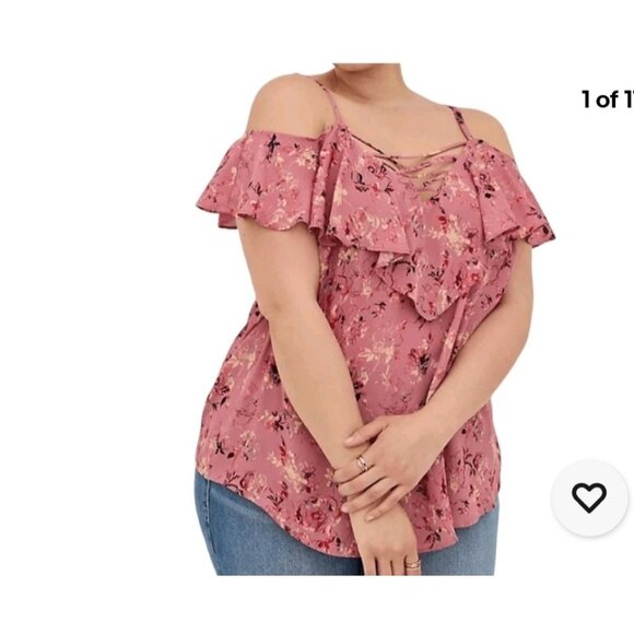 TORRID Lace-Up Cold Shoulder Blouse Georgette Floral Dusty Rose Ruffled Pink 2X - Picture 1 of 8